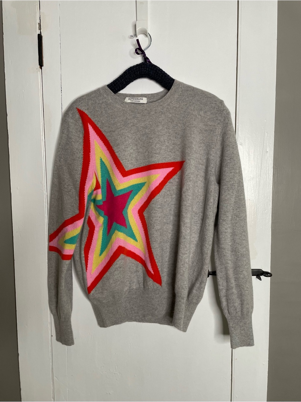 100% Cashmere M&S Gray Star Crew Neck Pullover Sweater Ribbed Trim Size 12